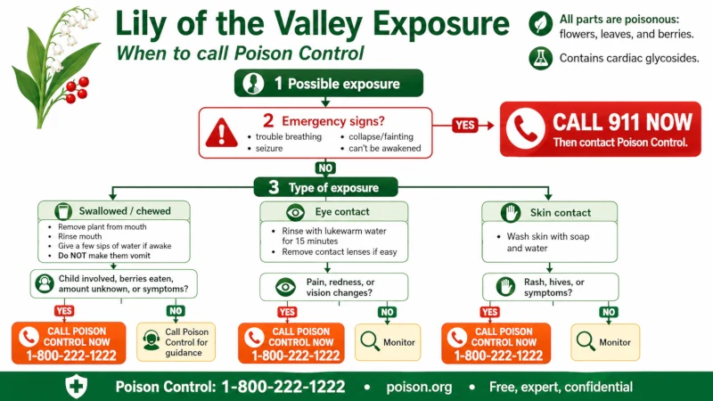 Decision tree for lily of the valley exposure and when to call Poison Control