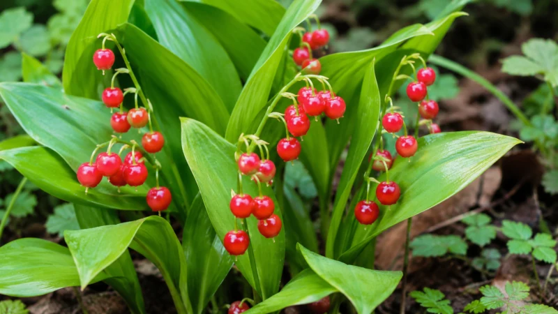 Red lily of the valley berries on the plant