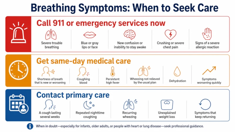 Triage card listing breathing symptoms that need 911, same-day care, or a primary care appointment.