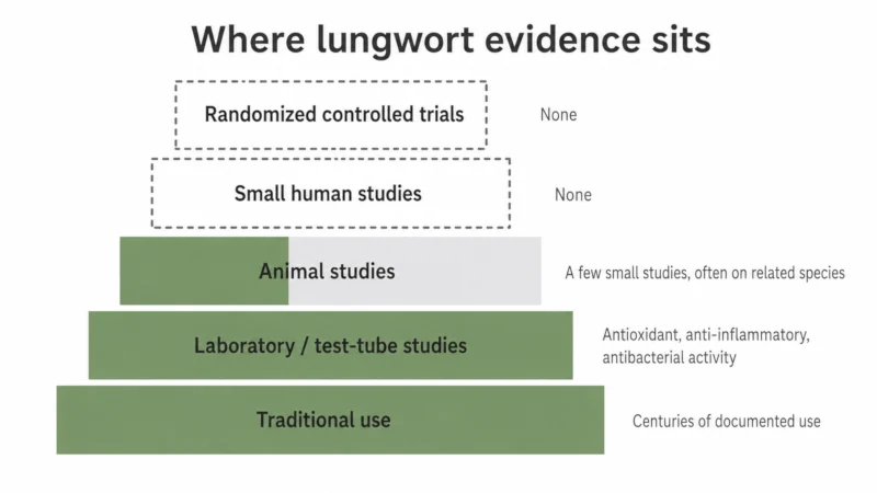 Vertical evidence ladder showing lungwort research resting on traditional use and laboratory studies, with animal studies partly filled and human trials empty.