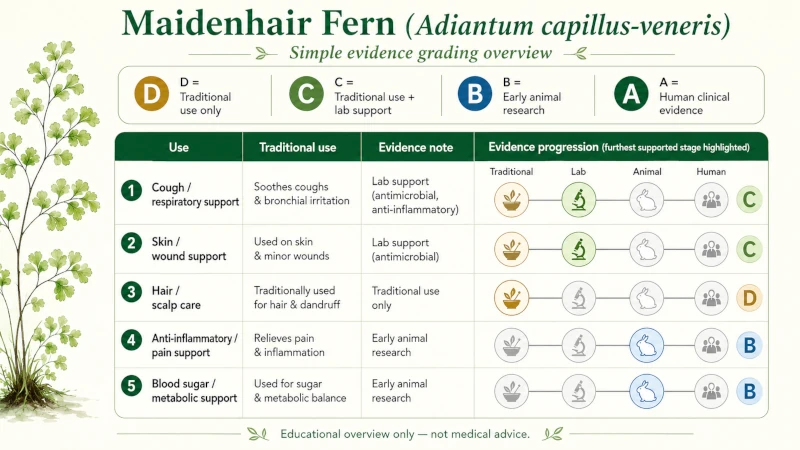 Chart grading maidenhair fern uses from traditional use to early animal research.