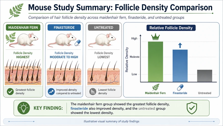 Summary of a mouse study comparing follicle density across maidenhair fern, finasteride, and untreated groups.