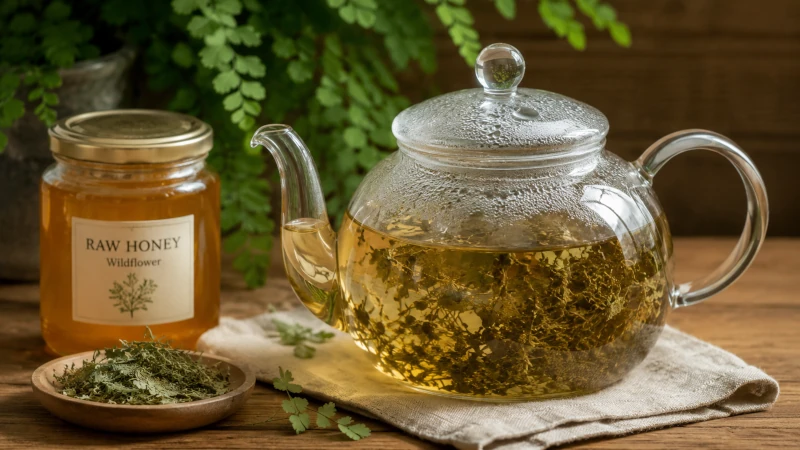 Dried maidenhair fern steeping in a glass teapot beside a jar of honey.