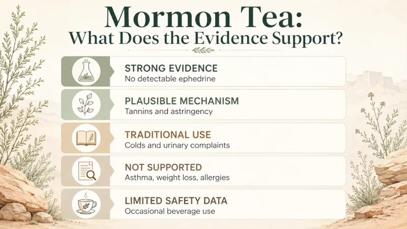 Evidence chart showing which Mormon tea health claims are supported, traditional, plausible or unsupported