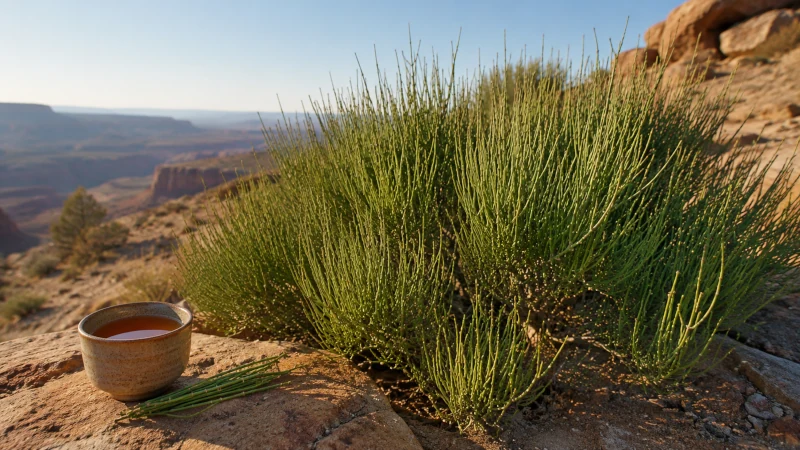 Mormon tea plant with green jointed stems and a cup of brewed herbal tea in the Southwestern desert