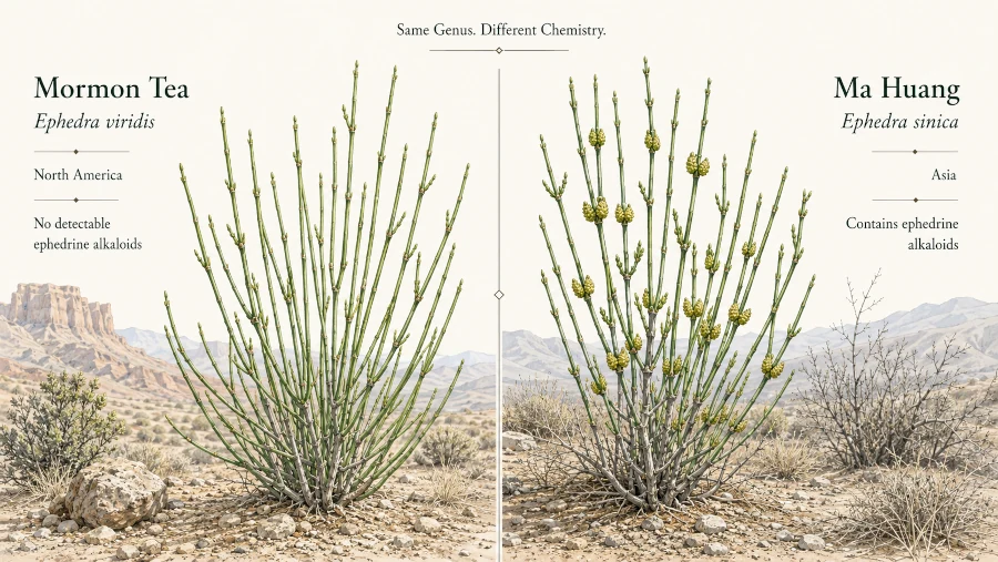 Comparison of Ephedra viridis Mormon tea and Ephedra sinica ma huang showing their different origins and ephedrine content