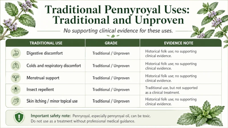 Chart grading traditional pennyroyal uses as traditional and unproven with no supporting clinical evidence.