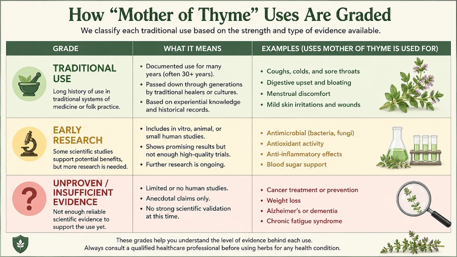 Chart grading mother of thyme uses as traditional, early research, or unproven.