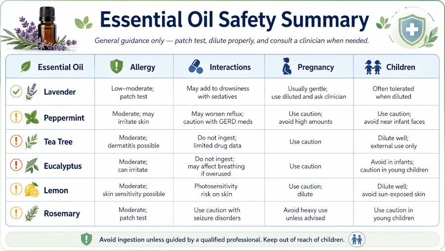 Safety summary table: allergy, essential oil, interactions, pregnancy, children.