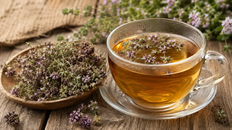 Cup of wild thyme infusion next to dried flowering herb.
