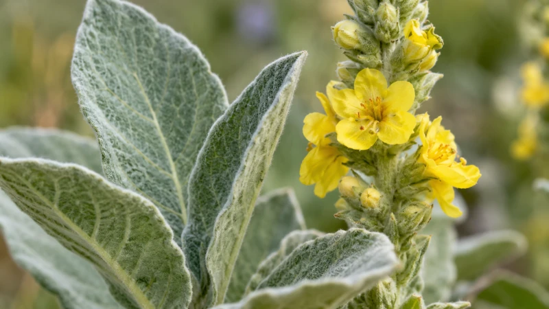 Close-up of soft, velvety mullein leaves next to small yellow mullein flowers