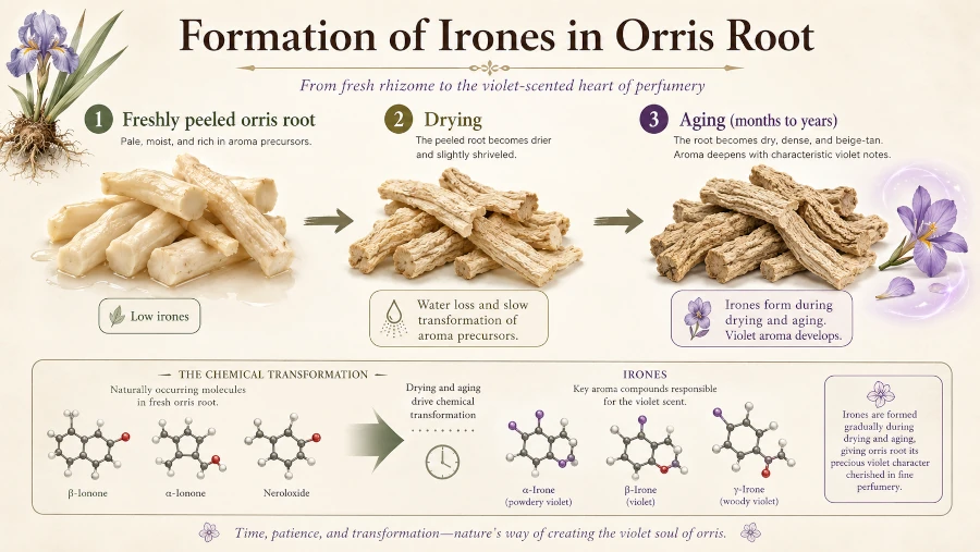 Diagram showing irones forming as peeled orris root dries and ages.