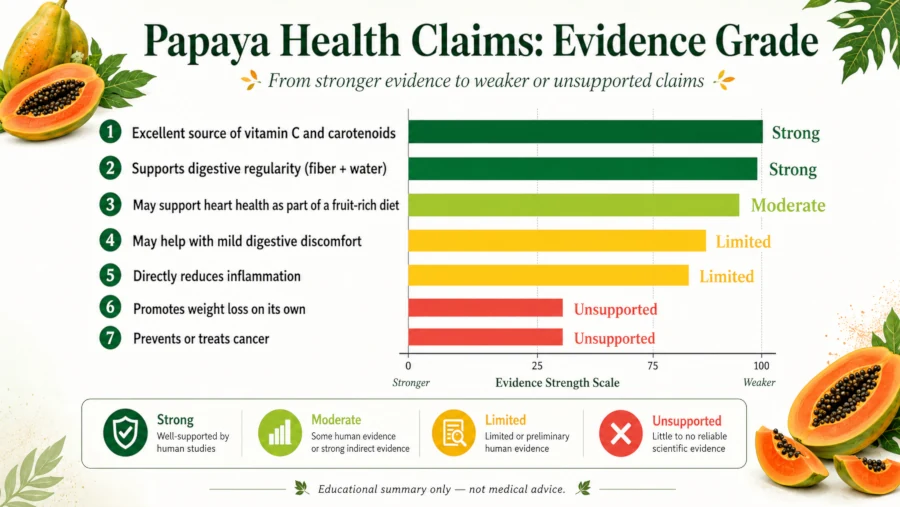 Bar chart grading papaya health claims from strong to unsupported evidence