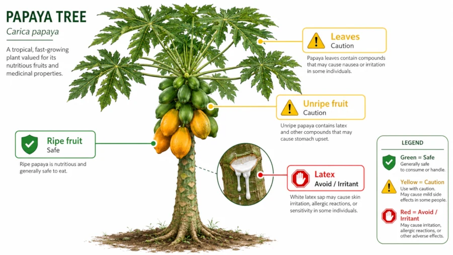 Diagram of the papaya tree labelling ripe fruit, unripe fruit, leaves, and latex, colour-coded by safety