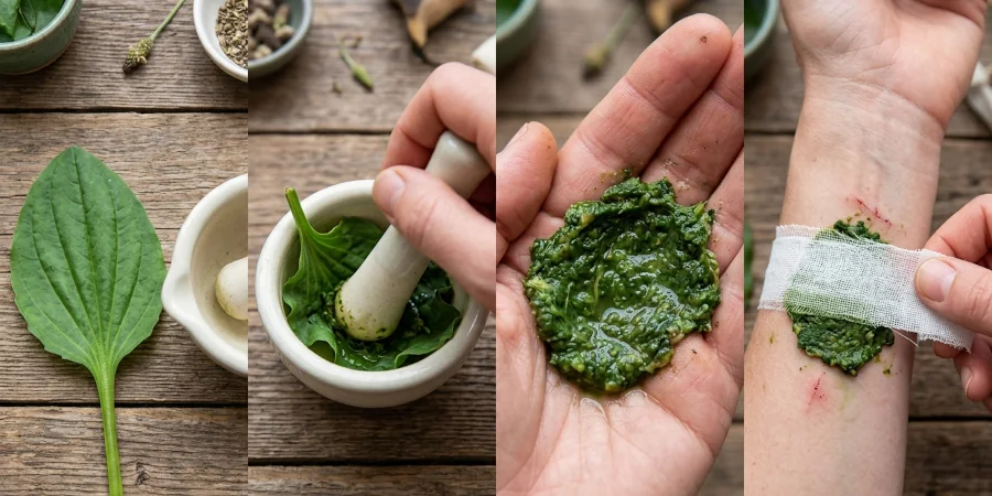 Four steps for making a plantain leaf poultice for a minor cut or insect bite.