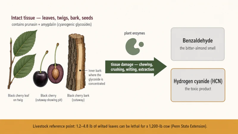 Diagram showing prunasin and amygdalin in black cherry tissue breaking down after damage into benzaldehyde and hydrogen cyanide, with plant parts labeled