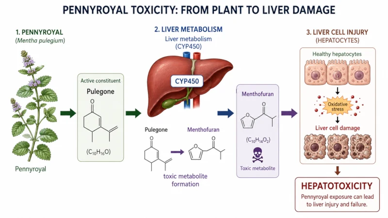 Diagram showing pulegone in pennyroyal converting to menthofuran and damaging liver cells.
