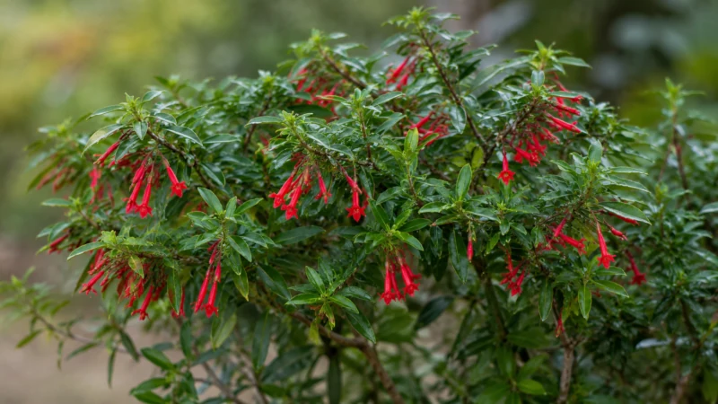 Quassia amara (Quassia plant) shrub with slender bright red flowers.