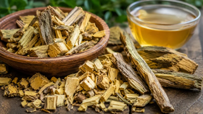 Pale quassia wood chips and bark used to make bitter infusions.