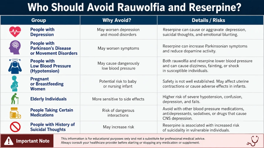 Table of who should avoid rauwolfia and reserpine.