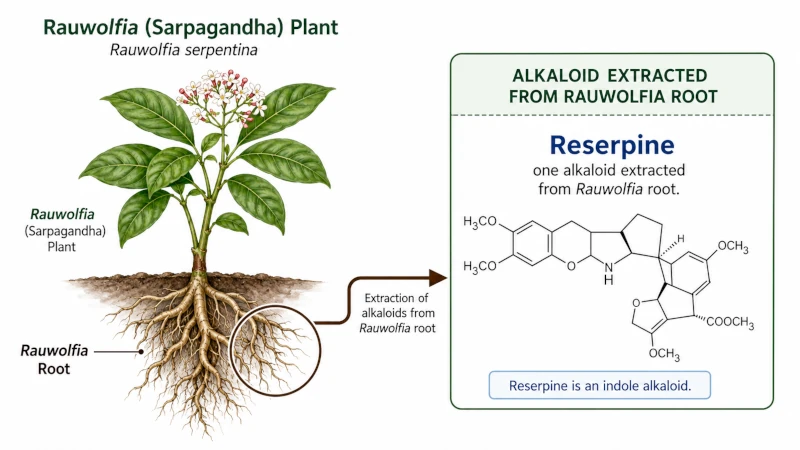 Diagram showing reserpine as one alkaloid extracted from rauwolfia root.