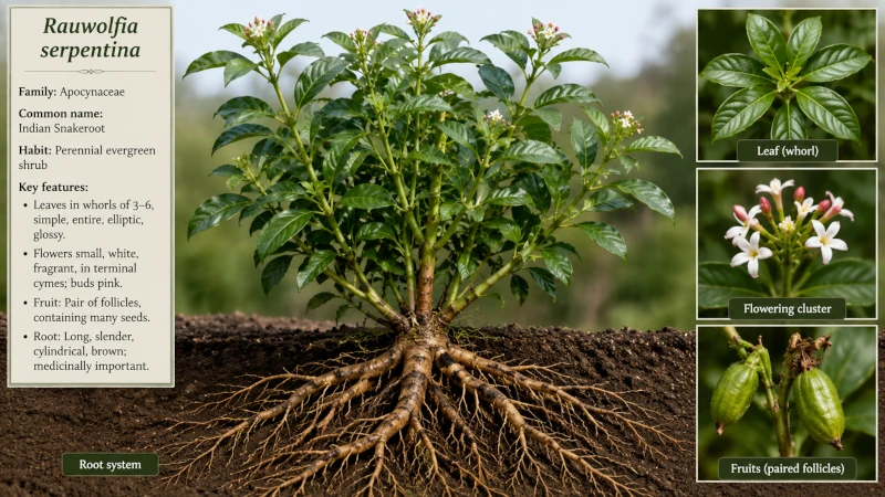 Rauwolfia plant serpentina shrub with root system.