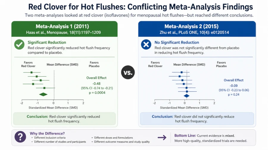 Comparison of two meta-analyses of red clover for hot flushes, one finding a significant reduction and one finding none