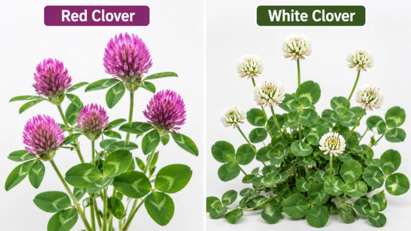 Side-by-side comparison of red clover with pink flower heads and white clover with round white flower heads