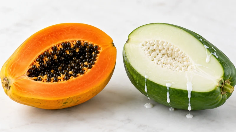 Cross-sections of ripe orange papaya and unripe green papaya showing latex on the unripe fruit