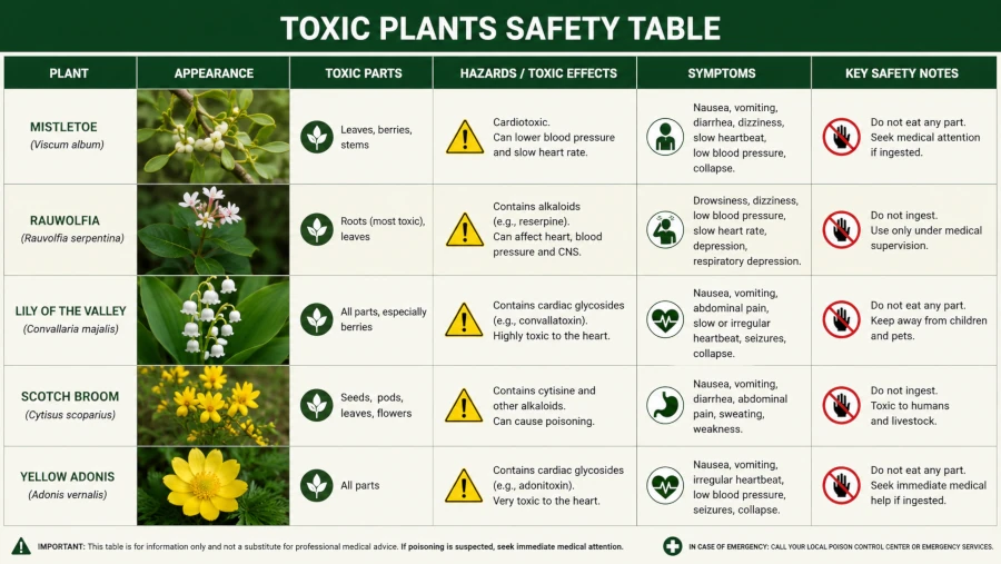 Safety table listing mistletoe, rauwolfia, lily of the valley, scotch broom and yellow adonis with their hazards.