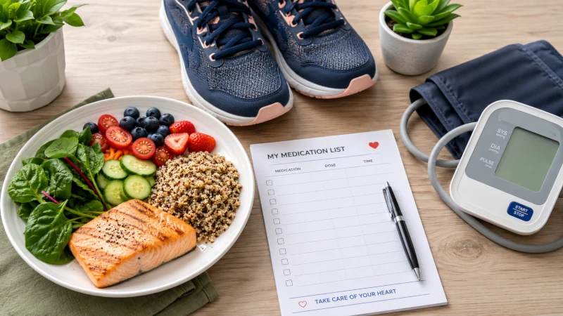Heart healthy plate, walking shoes, medication list, and blood pressure cuff