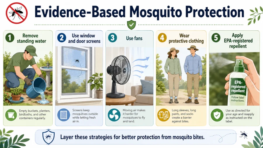 Evidence-based mosquito protection: standing-water removal, screens, fans, clothing, and EPA-registered repellent.
