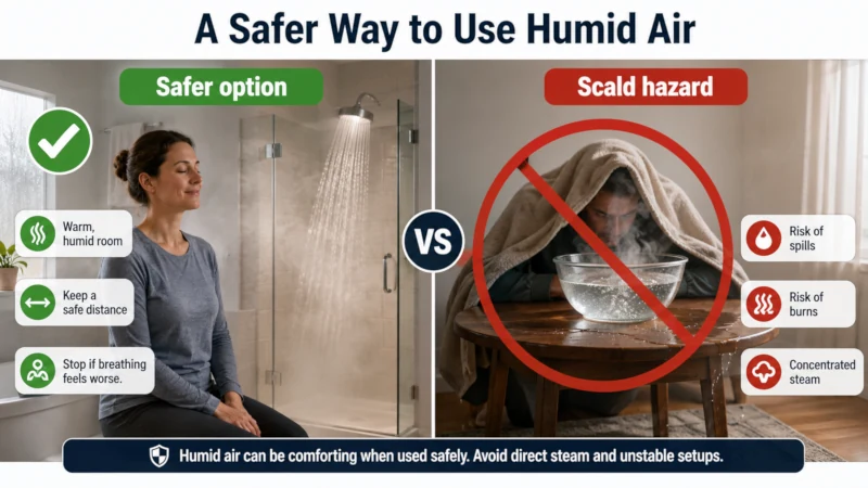 Side-by-side illustration comparing a hot shower in a closed bathroom with a bowl of boiling water marked as a scald hazard.