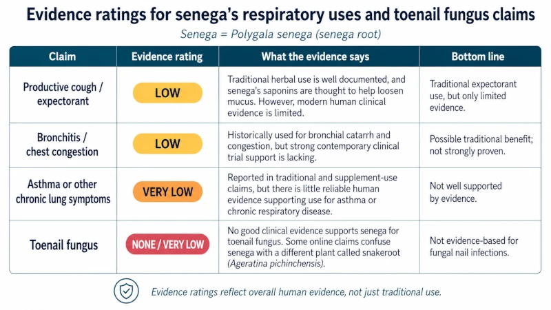 Table rating evidence for senega's respiratory uses and toenail fungus claims.