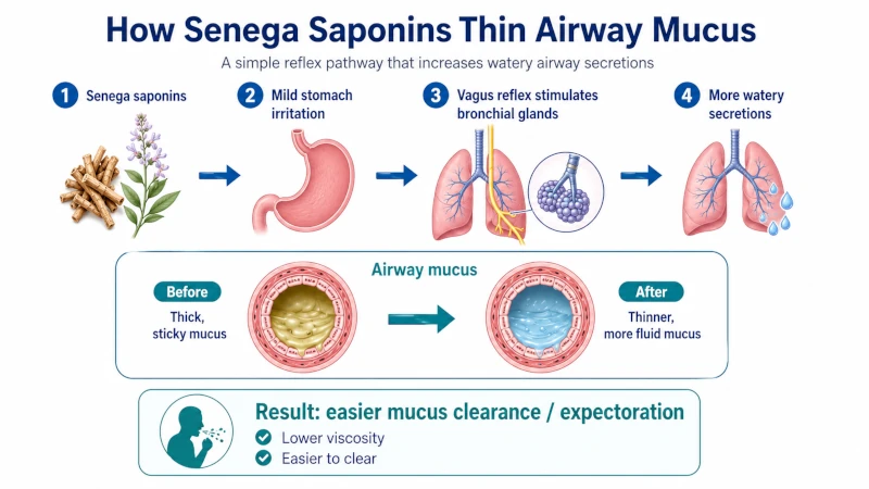 Diagram showing how senega saponins increase and thin airway mucus.