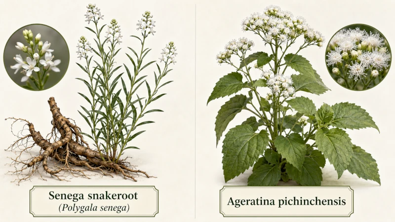 Side-by-side comparison of senega snakeroot and Ageratina pichinchensis plants.