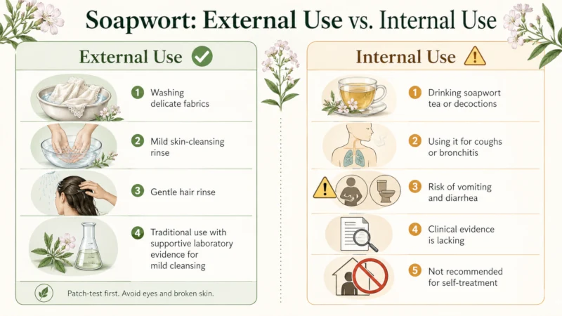 Comparison chart of soapwort uses: supported external cleaning and skin or hair use versus not-recommended internal use.