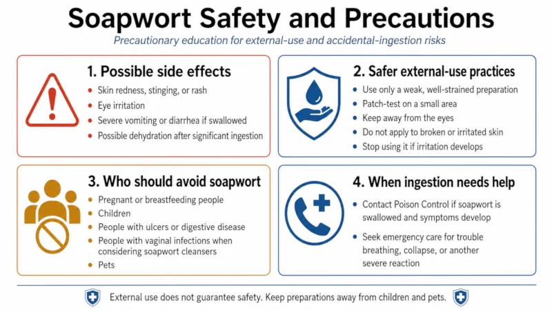 Safety table listing soapwort side effects, ingestion risks, and groups who should avoid it, including pregnancy.