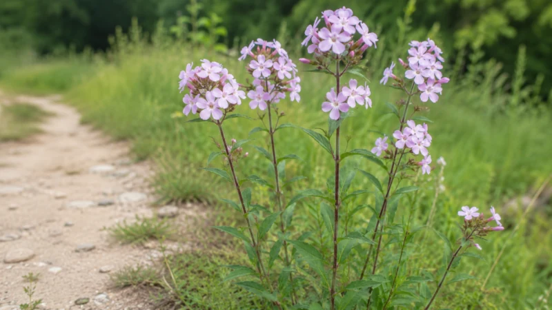 Soaproot plant (Saponaria officinalis) with pale pink five-petaled flowers on tall stems.