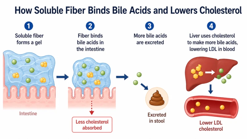 Diagram showing how herbs that clean the arteries potentially work using soluble fiber binding bile acids in the intestine to reduce cholesterol absorption.