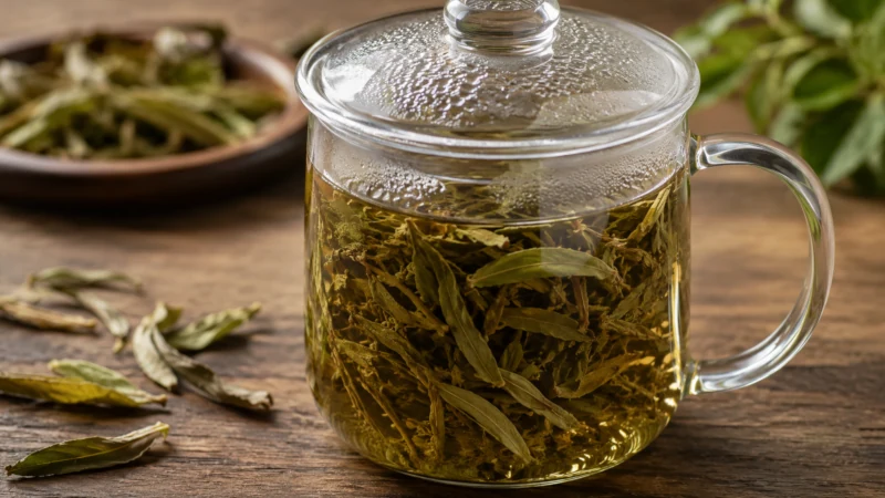 Dried lemon verbena leaves steeping in a covered mug of hot water.