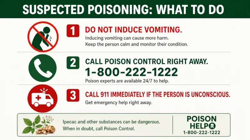 Steps to take for suspected poisoning: do not induce vomiting, call Poison Control 1-800-222-1222, call 911 if unconscious.