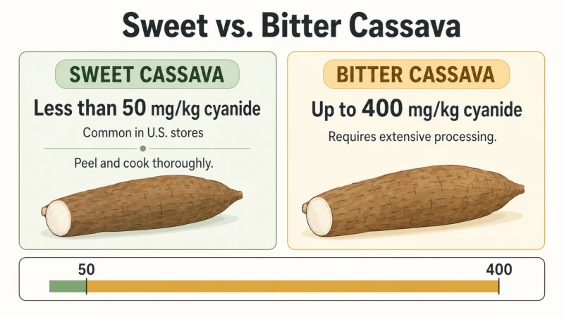 Comparison of sweet cassava under 50 milligrams cyanide per kilogram and bitter cassava up to 400 milligrams per kilogram