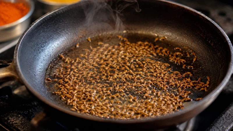 Cumin seeds being toasted in a pan before cooking