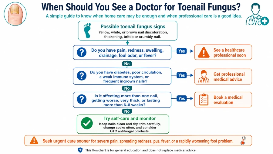 Flowchart showing when toenail fungus needs professional medical care.