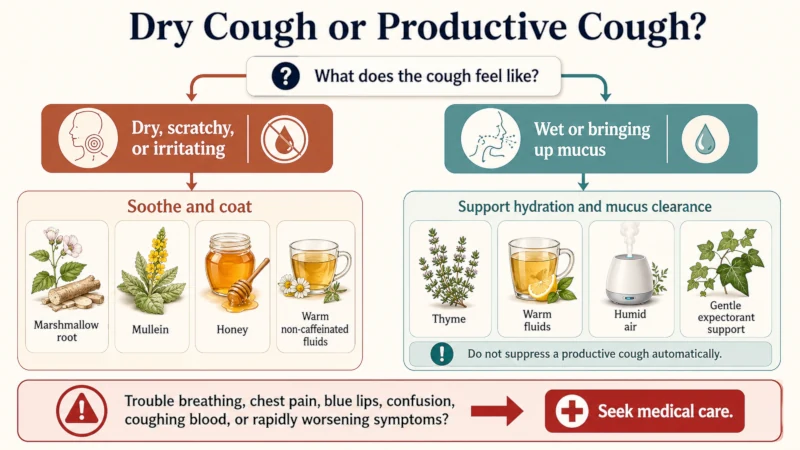 Decision tree showing demulcent herbs for dry cough and expectorants plus warm fluids for productive cough.