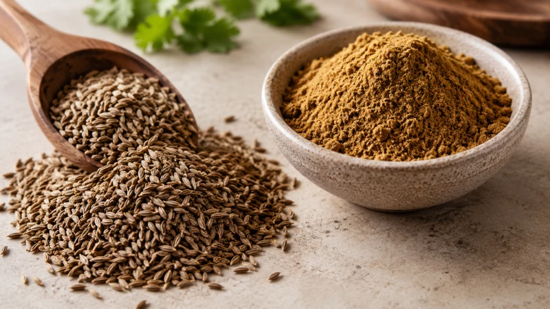 Whole cumin seeds beside ground cumin powder