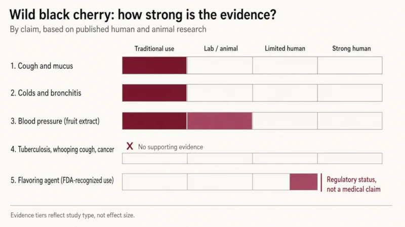 Chart grading the evidence for wild black cherry bark uses, showing traditional use only for cough, insufficient evidence for colds and bronchitis, and animal-only evidence for blood pressure