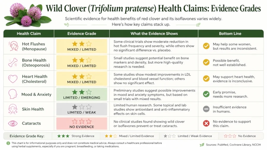 Chart grading wild clover health claims from mixed evidence for hot flushes to no evidence for cataracts