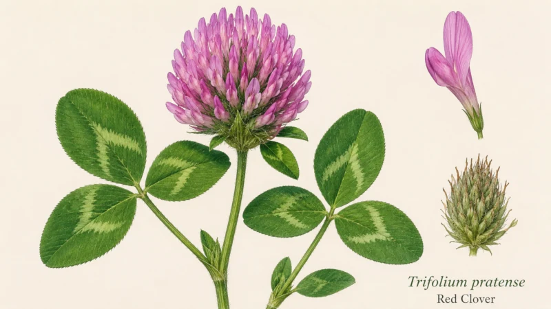 Red clover (Trifolium pratense) with pink-purple flower head and a pale chevron on each leaflet